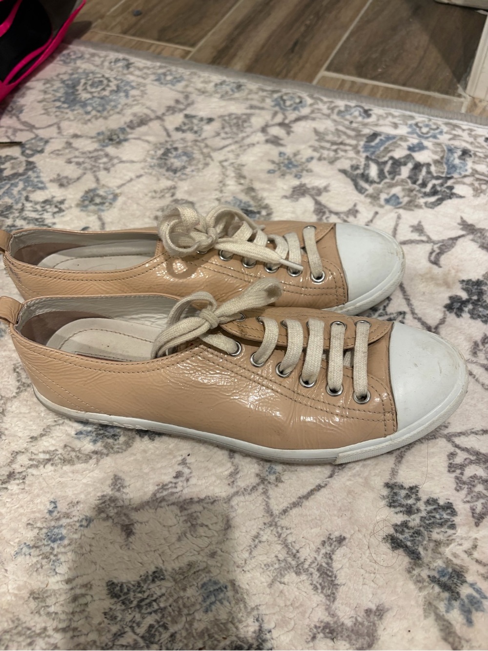 Prada Nude Patent Leather Low-Top Sneakers with White Toe Caps
